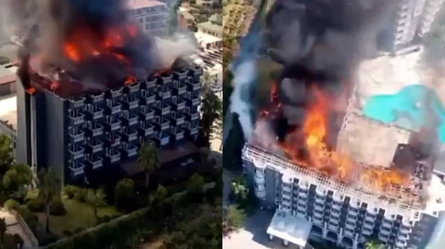 ALANYA'DA OTEL İNŞAATINDA YANGIN ÇIKTI