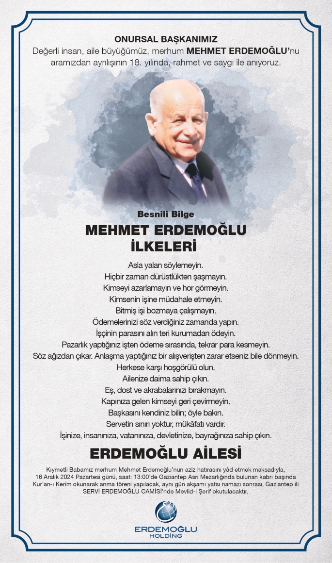 Mehmet Erdemoğlu Anma İlanı